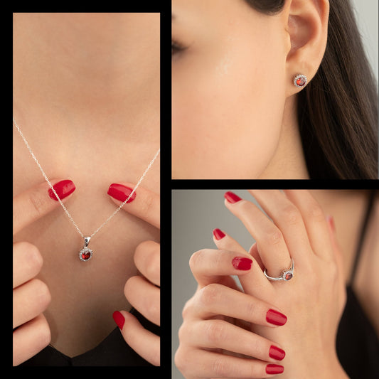 925 Sterling Silver Red Solitaire Shape Set 3 Pieces: Necklace, Ring & Earrings