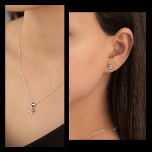 925 Sterling Silver Flower Diamond Shape Set 2 Pieces: Necklace & Earrings