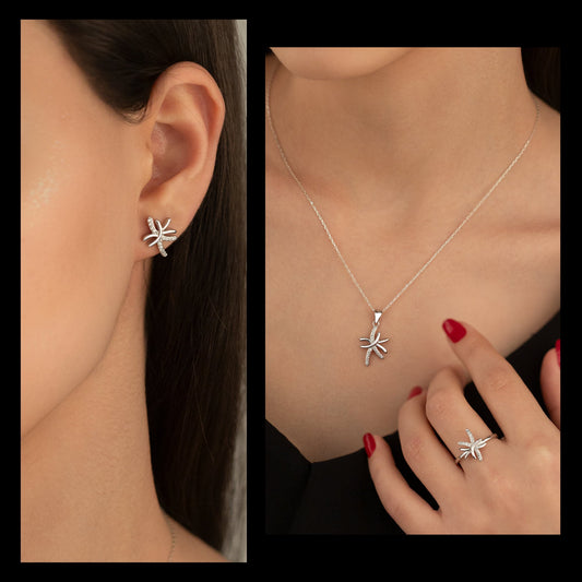 925 Sterling Silver Asymmetric Shape Jewelry Set 3 Pieces: Necklace, Ring & Earrings