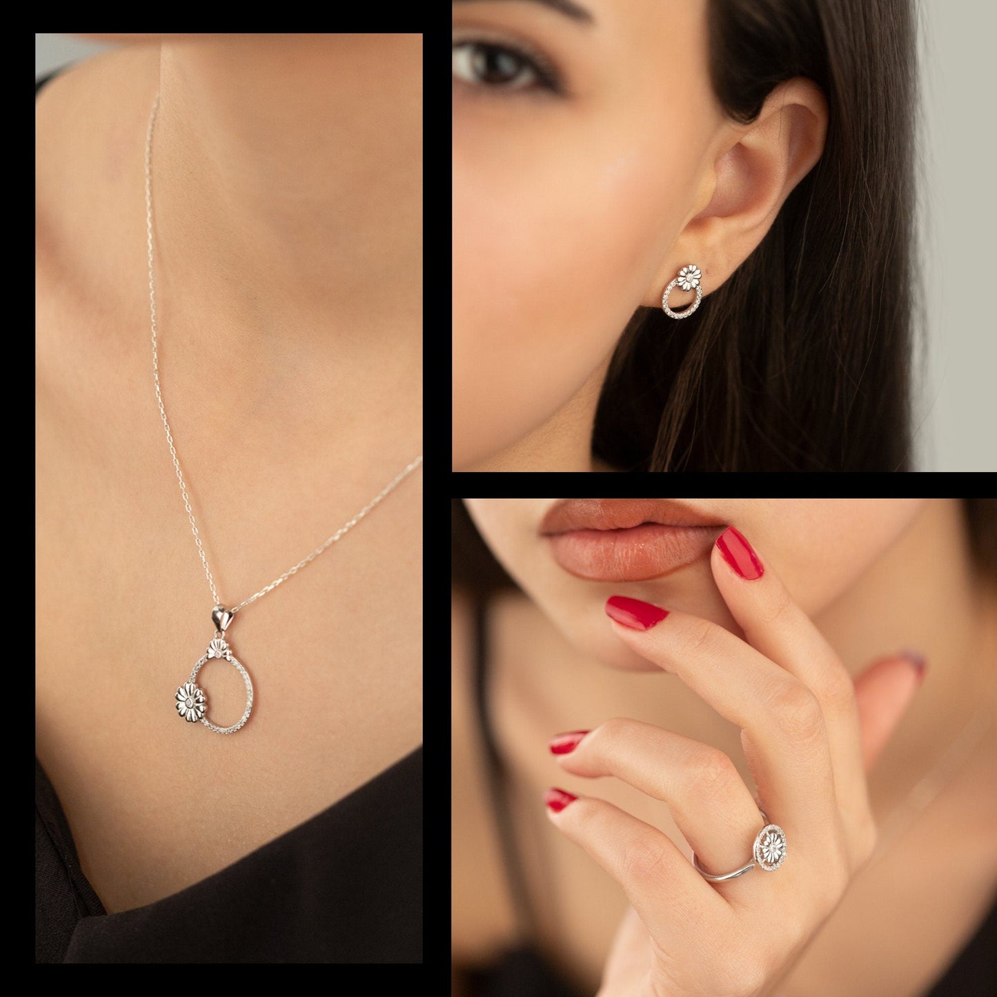 925 Sterling Silver Circle Daisy Shape Jewelry Set 3 Pieces: Necklace, Ring & Earrings