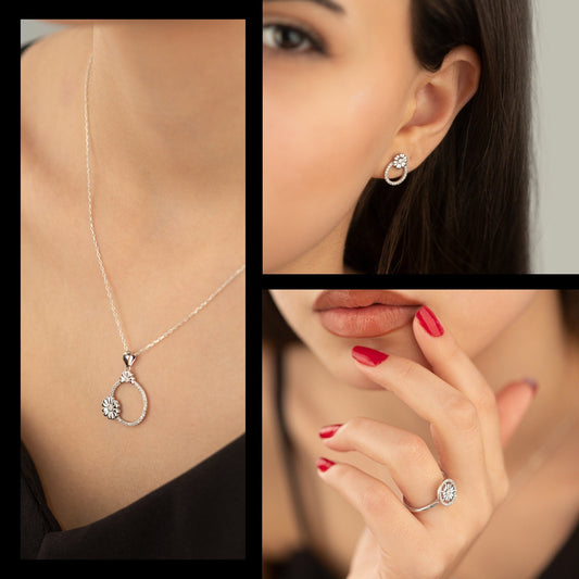 925 Sterling Silver Circle Daisy Shape Jewelry Set 3 Pieces: Necklace, Ring & Earrings