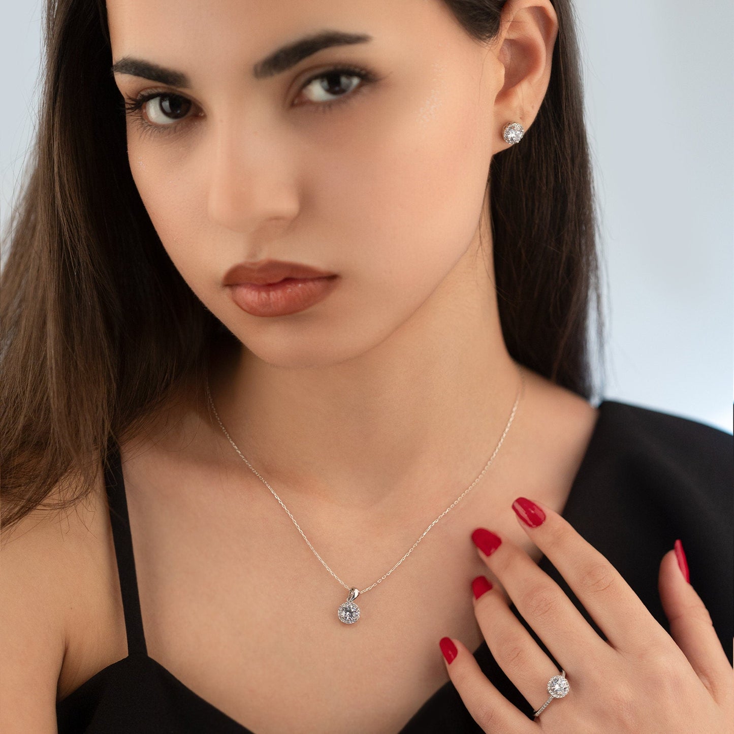 925 Sterling Silver Row Solitaire Jewelry Set 3 Pieces: Necklace, Ring & Earrings