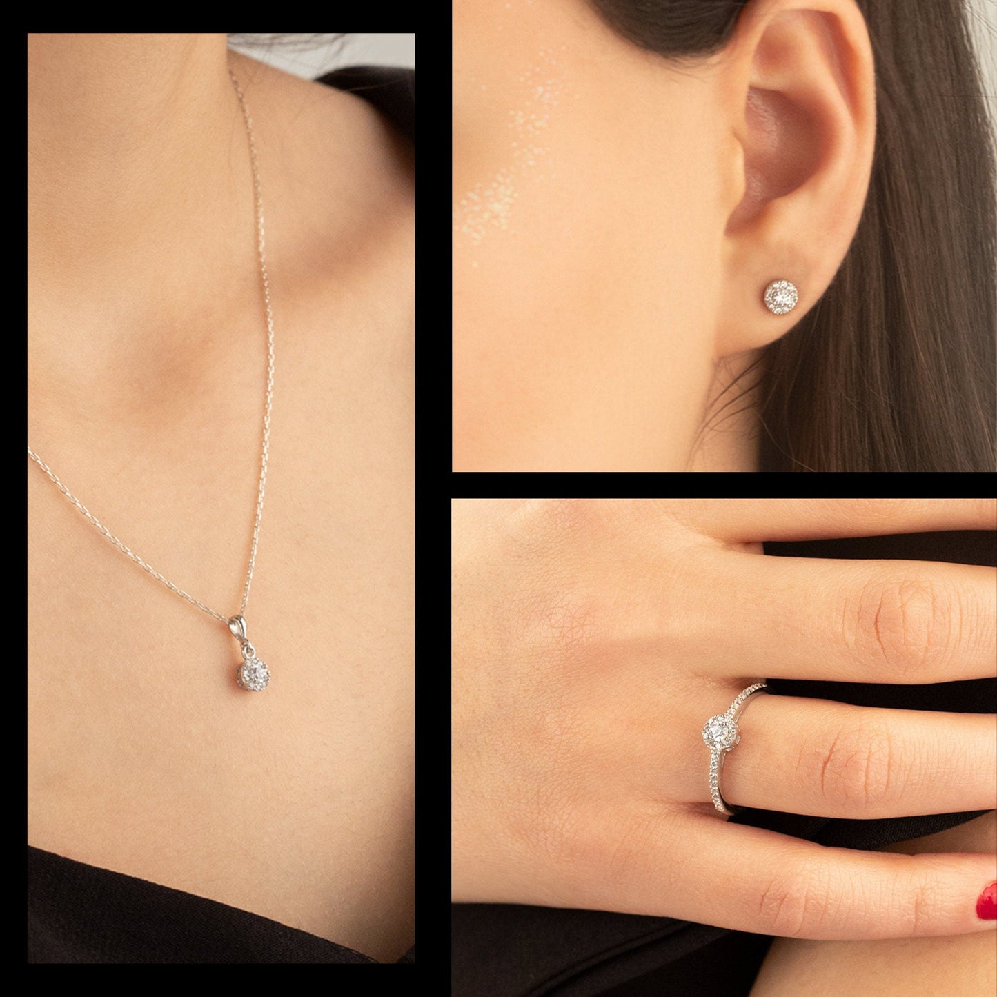 925 Sterling Silver Diamond Model Solitaire Shape Set 3 Pieces: Necklace, Ring & Earrings