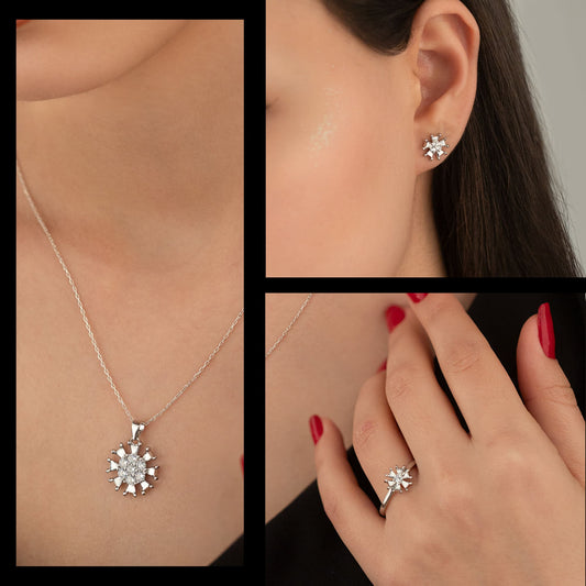 925 Sterling Silver Stone Flower Shape Set 3 Pieces: Necklace, Ring & Earrings