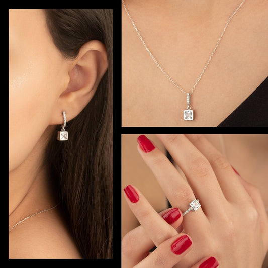 925 Sterling Silver Square Diamond Shape Set 3 Pieces: Necklace, Ring & Earrings