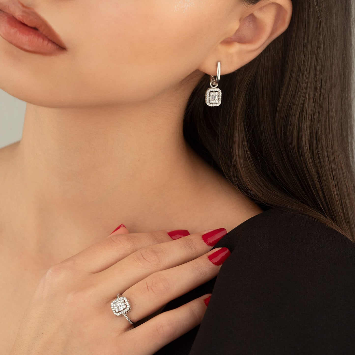 925 Sterling Silver Baguette With Zircon Stone Shape Set 2 Pieces: Ring & Earrings