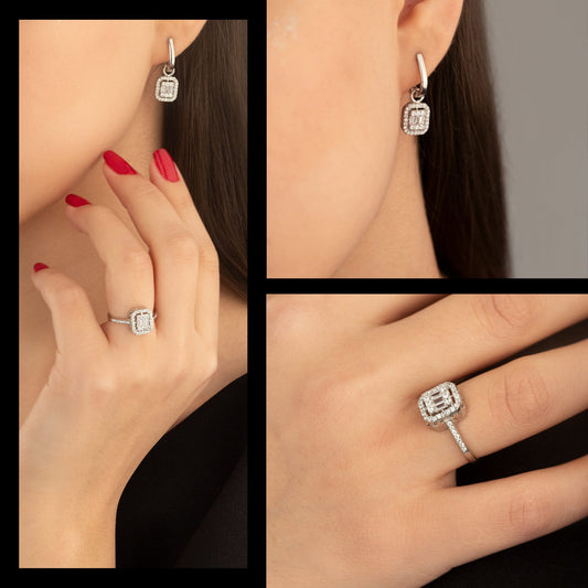925 Sterling Silver Baguette With Zircon Stone Shape Set 2 Pieces: Ring & Earrings