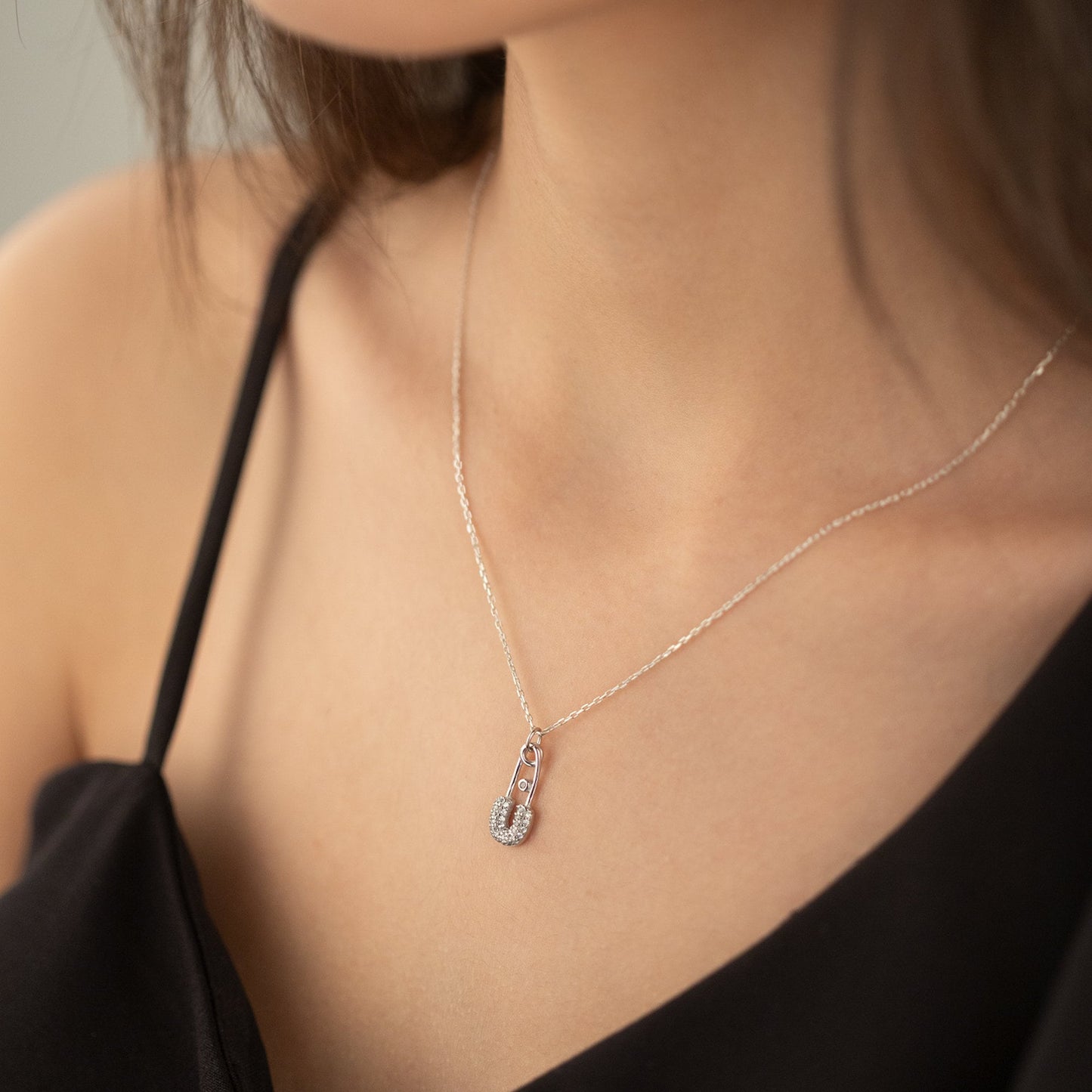 925 Sterling Silver Safety Pin Shape Jewelry Set 3 Pieces: Necklace, Ring & Earrings