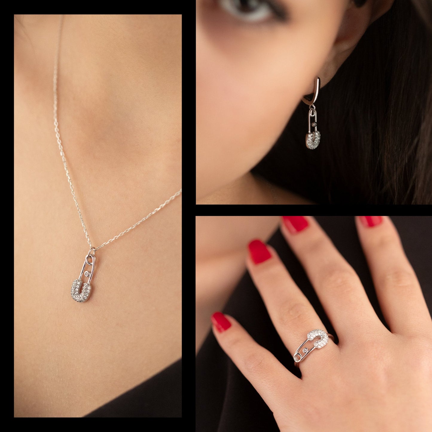 925 Sterling Silver Safety Pin Shape Jewelry Set 3 Pieces: Necklace, Ring & Earrings