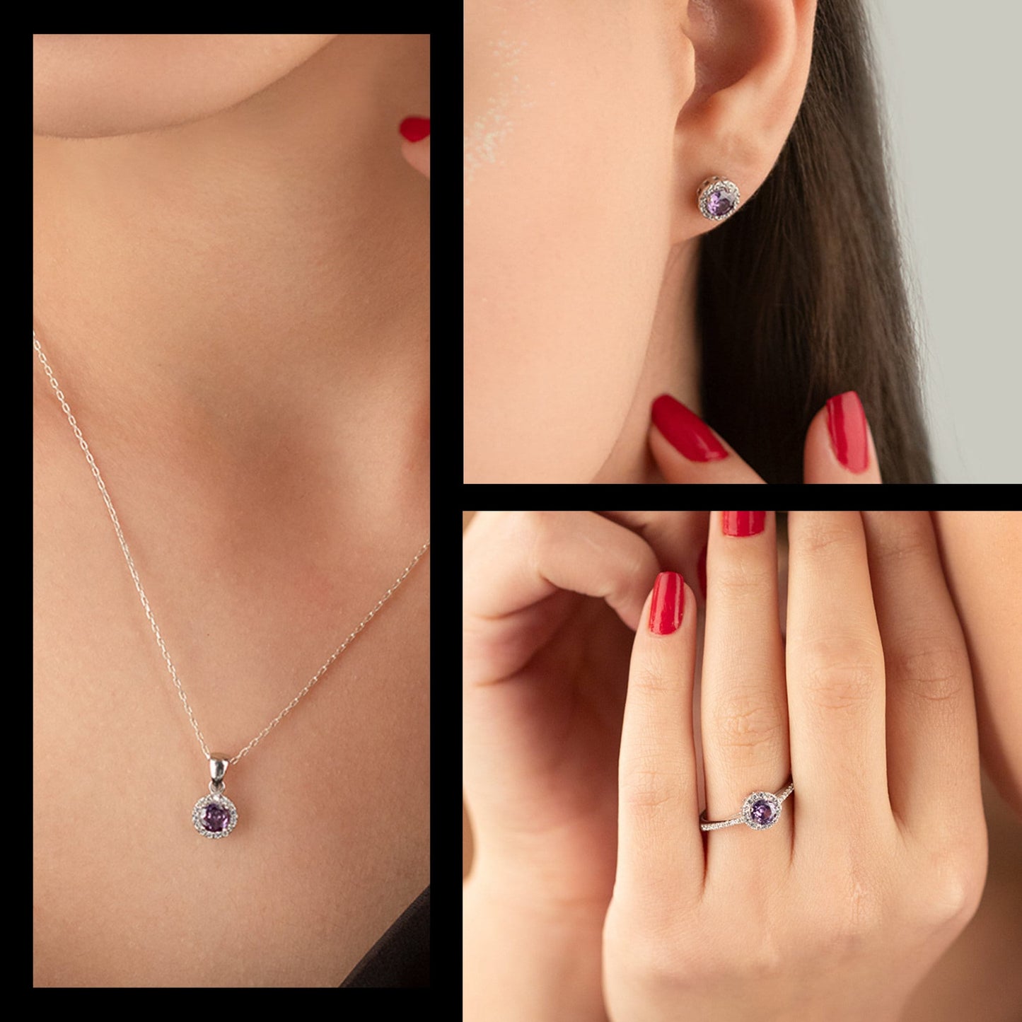 925 Sterling Silver Purple Single Stone Shape Set 3 Pieces: Necklace, Ring & Earrings