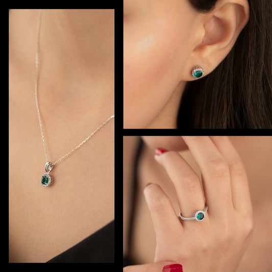 925 Sterling Silver Green Solitaire Shape Set 3 Pieces: Necklace, Ring & Earrings