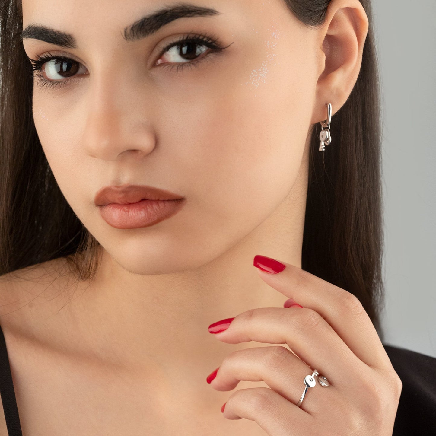 925 Sterling Silver Keyed Heart Locked Shape Set 2 Pieces: Ring & Earrings