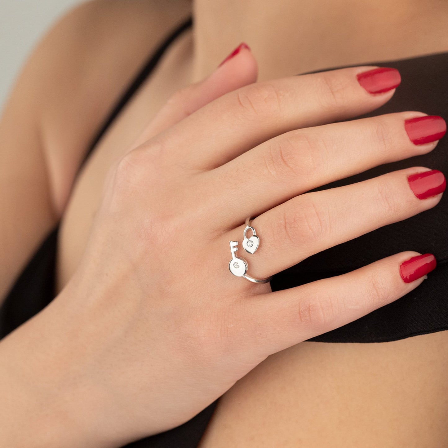 925 Sterling Silver Keyed Heart Locked Shape Set 2 Pieces: Ring & Earrings