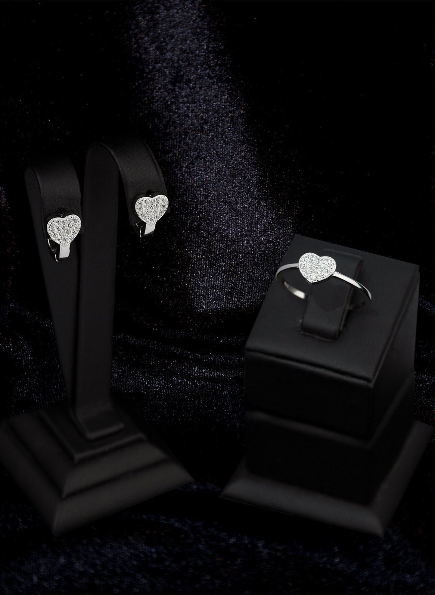 925 Sterling Silver Diamond Heart Shape Set 2 Pieces: Ring & Earrings