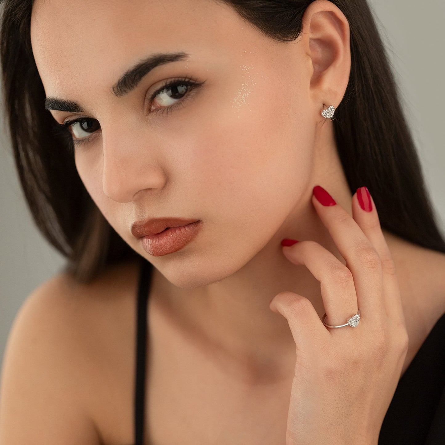 925 Sterling Silver Diamond Heart Shape Set 2 Pieces: Ring & Earrings