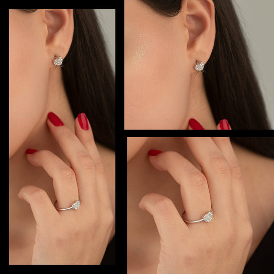 925 Sterling Silver Diamond Heart Shape Set 2 Pieces: Ring & Earrings