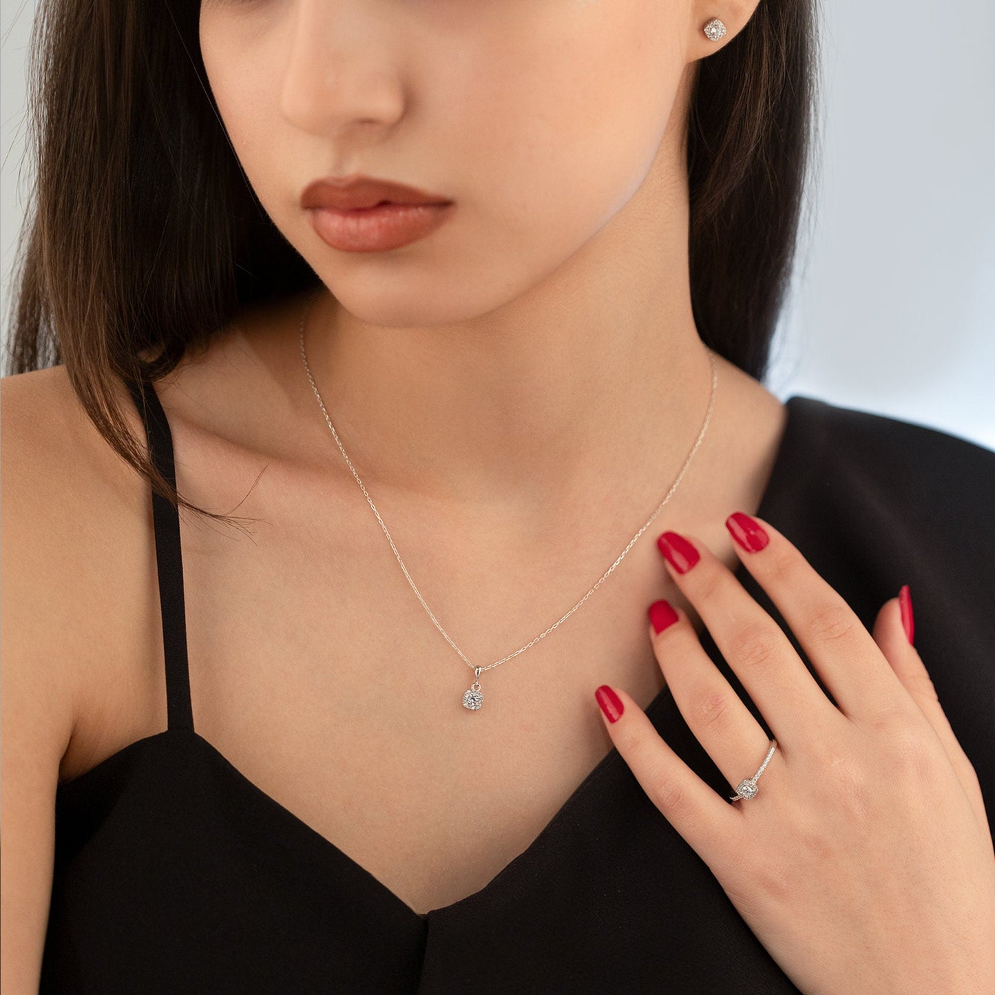 925 Sterling Silver Dainty Diamond Jewelry Set 3 Pieces: Necklace, Ring & Earrings