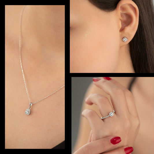 925 Sterling Silver Dainty Diamond Jewelry Set 3 Pieces: Necklace, Ring & Earrings
