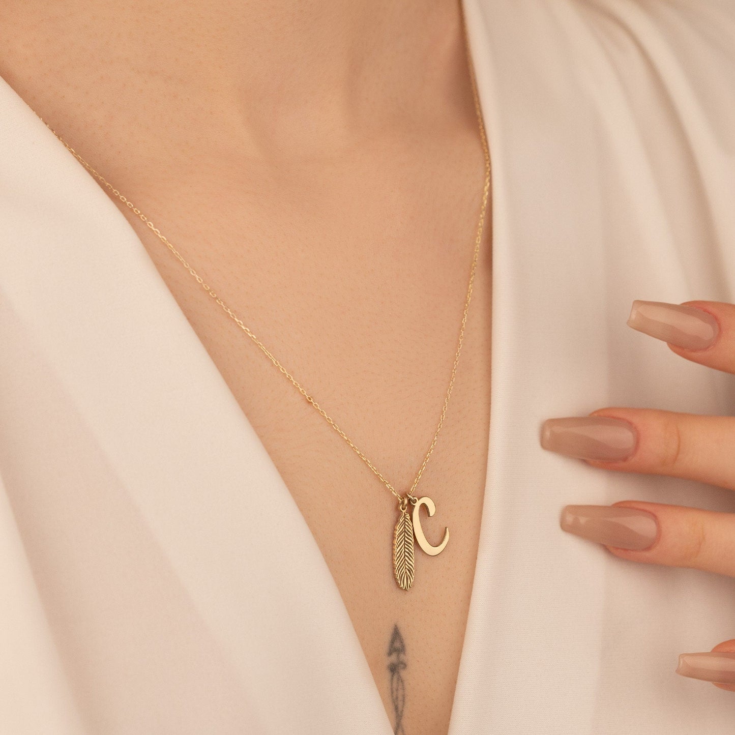 925 Sterling Silver Dangling Initial and Leaf Necklace