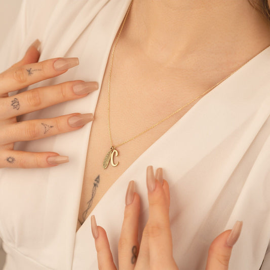 925 Sterling Silver Dangling Initial and Leaf Necklace