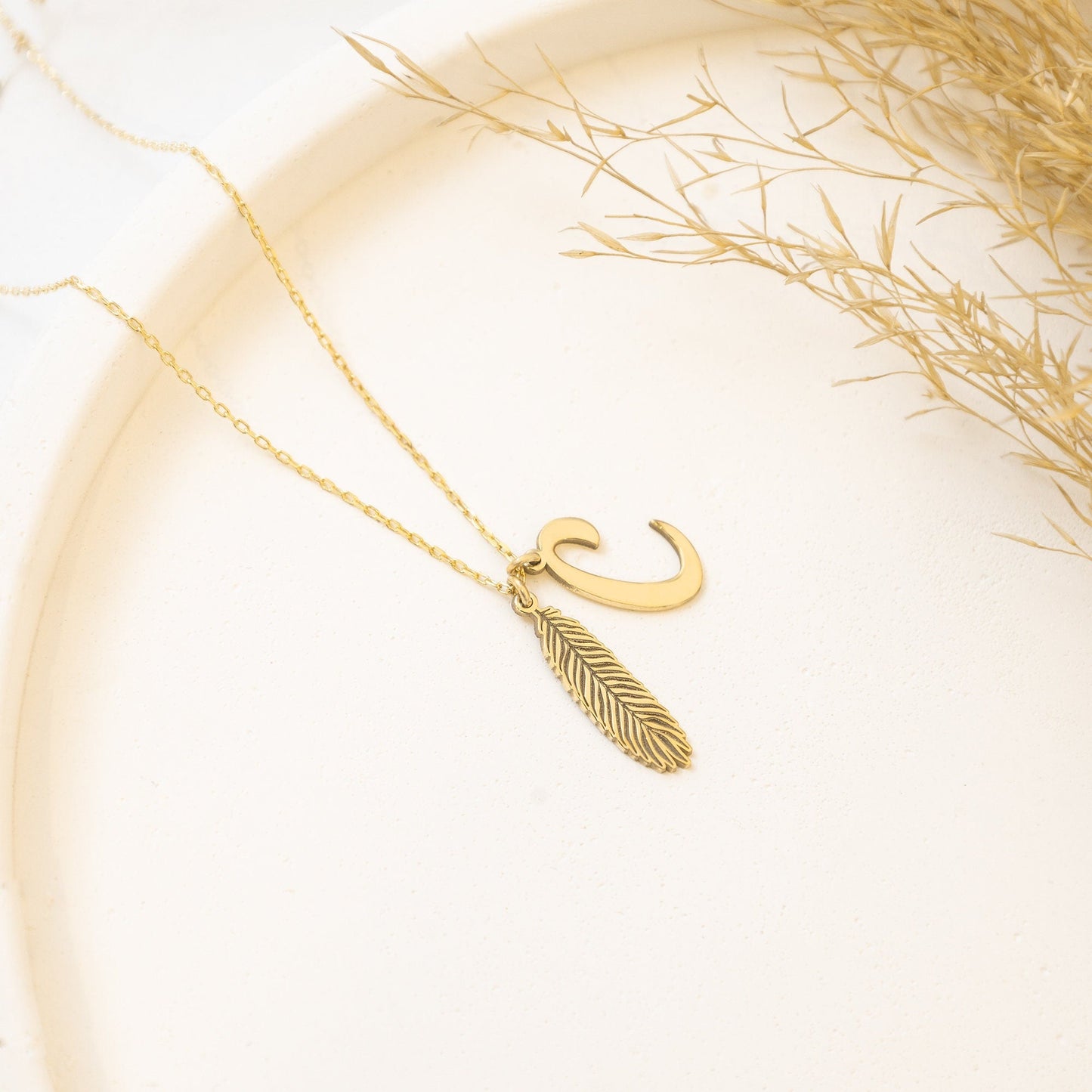 925 Sterling Silver Dangling Initial and Leaf Necklace