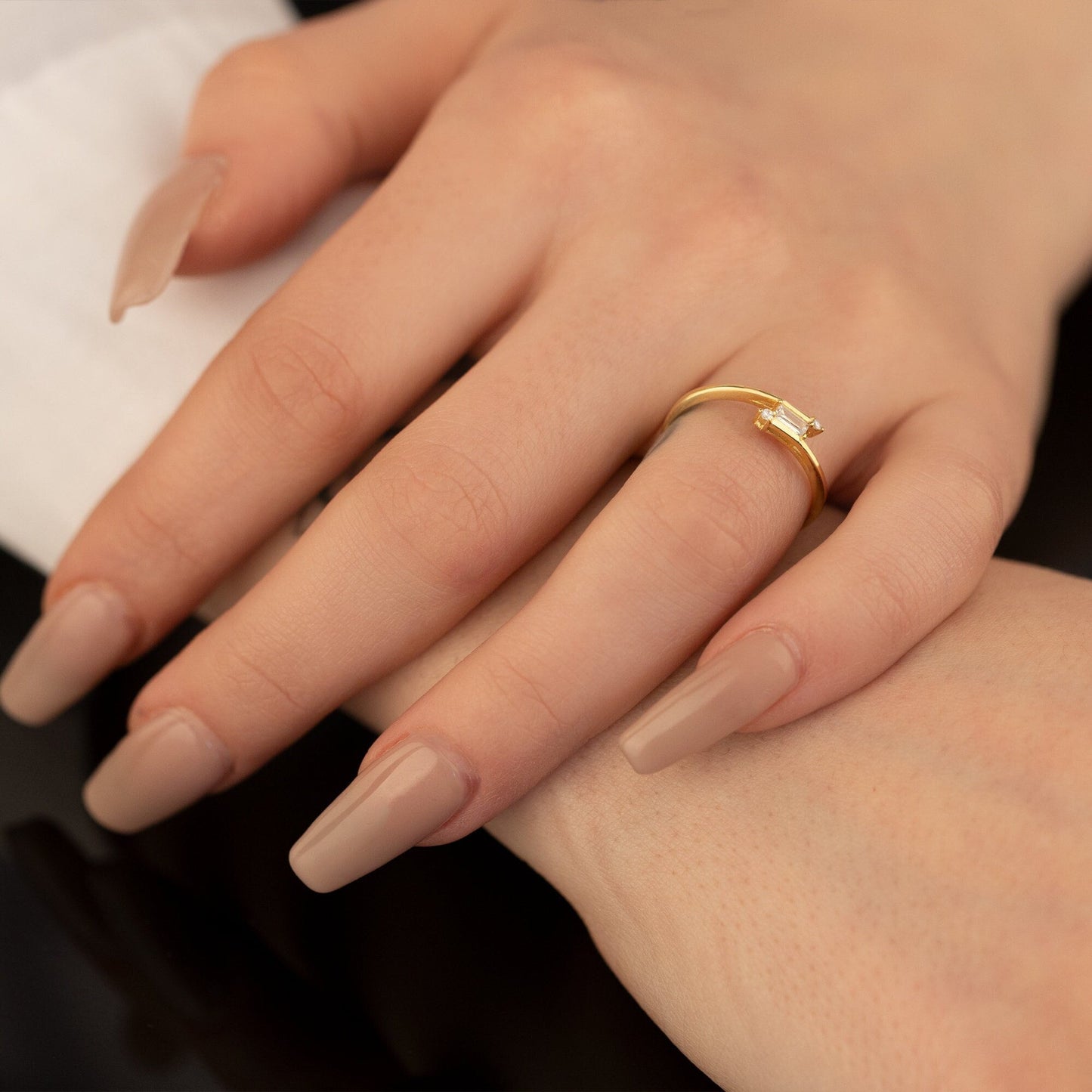 925 Sterling Silver Twist Band Baguette Diamond Bypass Ring