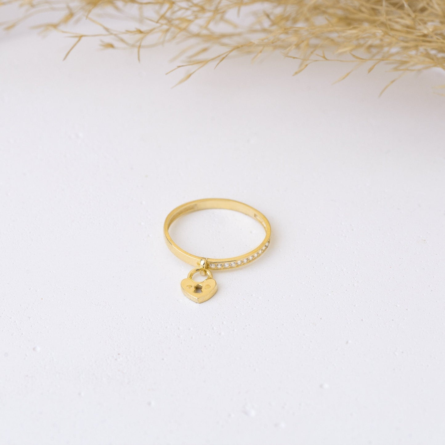 925 Sterling Silver Half Pave Dangling Heart Lock Ring