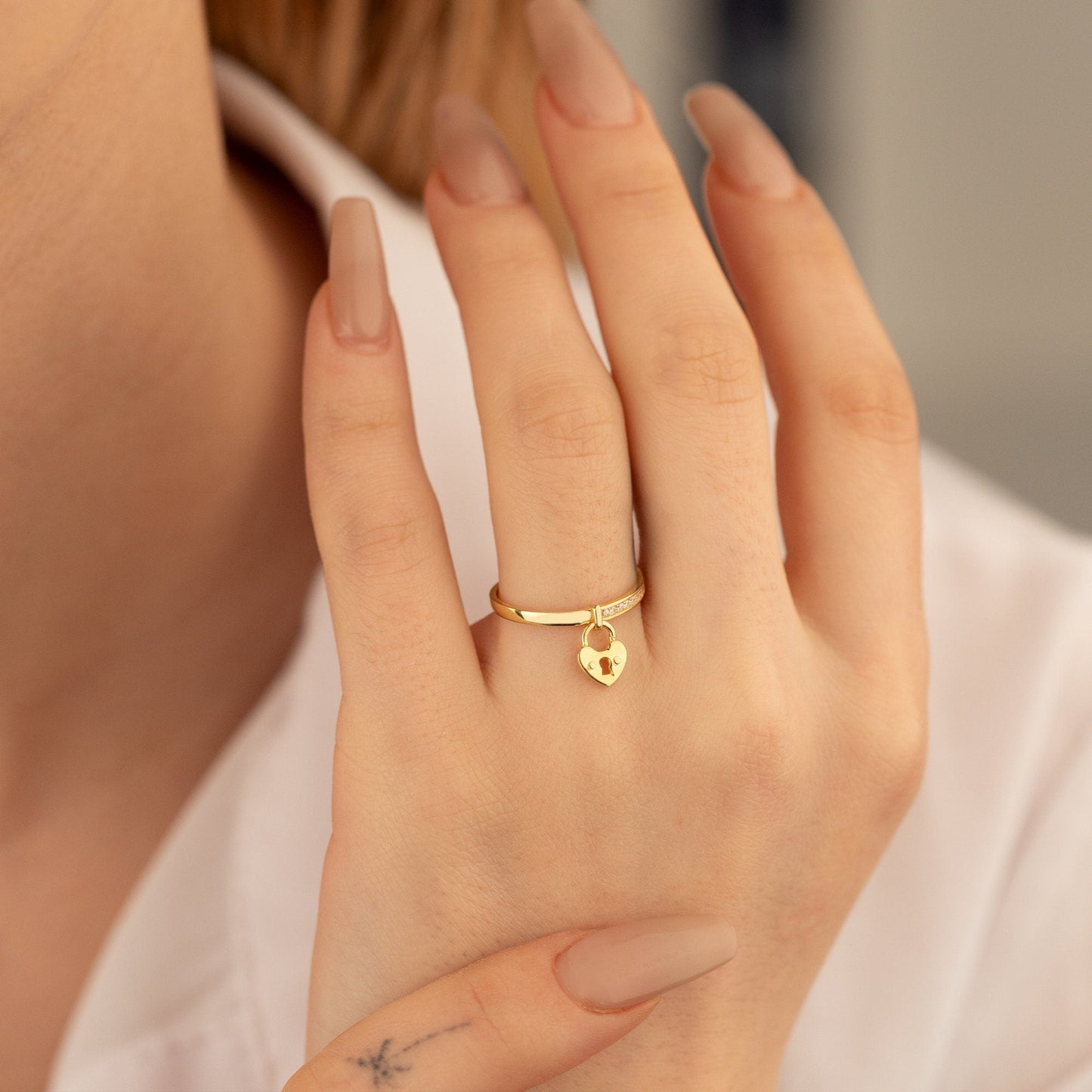 925 Sterling Silver Half Pave Dangling Heart Lock Ring