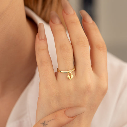 925 Sterling Silver Half Pave Dangling Heart Lock Ring