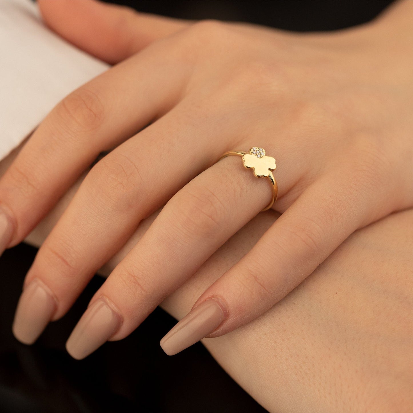 925 Sterling Silver Diamond Pave Four Leaf Clover Ring