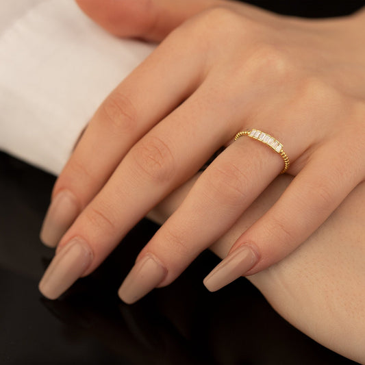925 Sterling Silver Baguette Diamond Pave Bar Ring