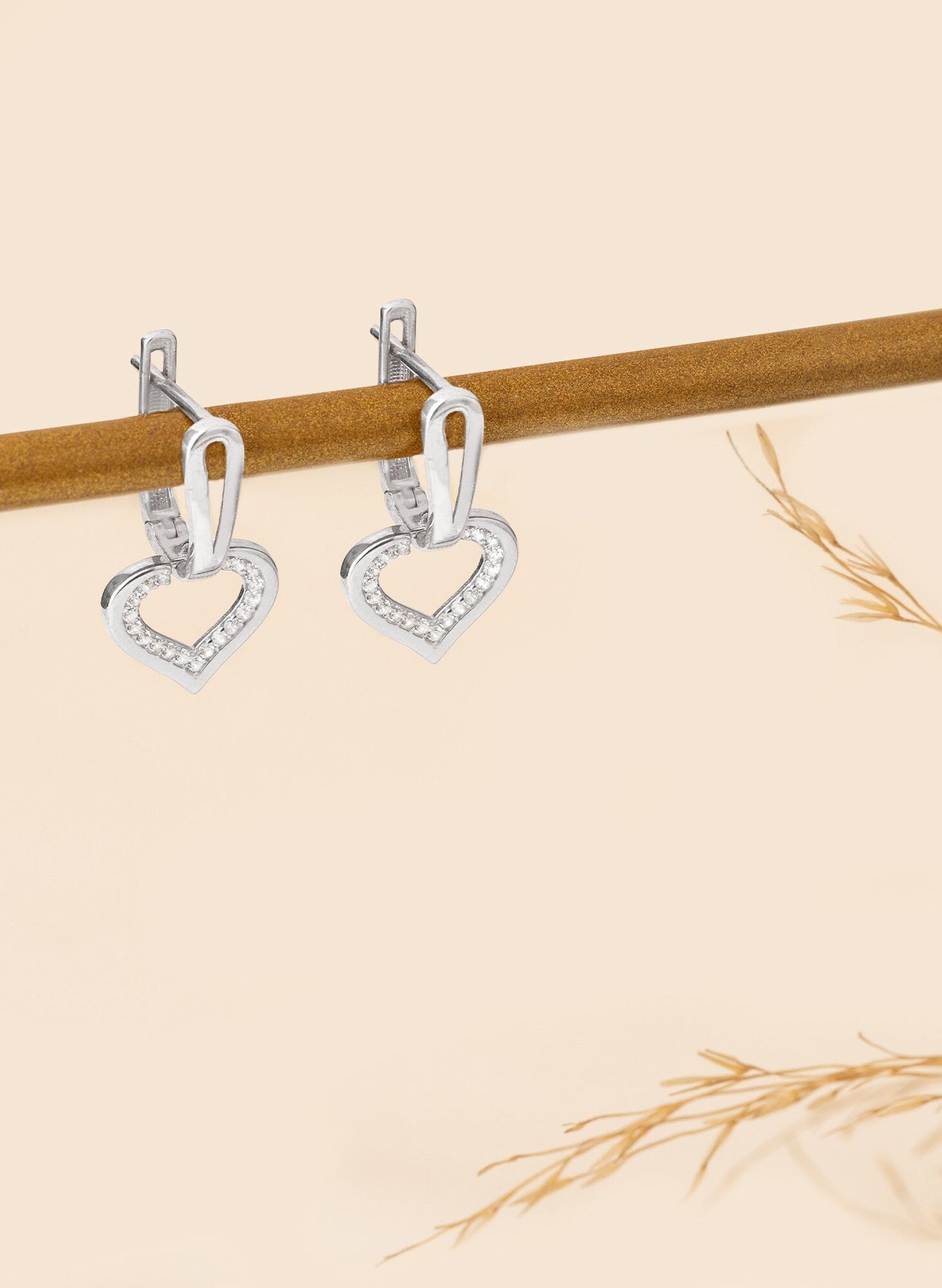 925 Sterling Silver Dangle Diamond Pave Heart Hoop Earrings