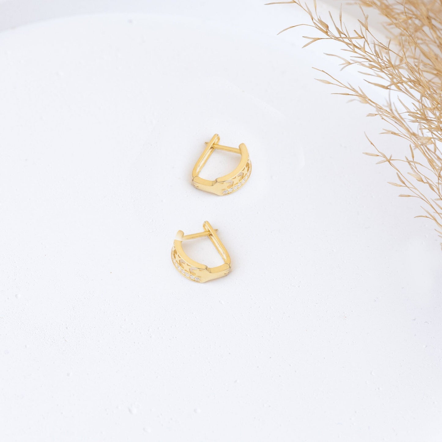 925 Sterling Silver Half Diamond Pave Half Stars Hoop Earrings