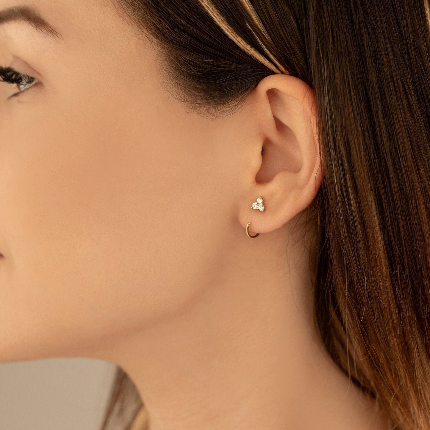 925 Sterling Silver Pave Three Leaf C Hoop Earrings