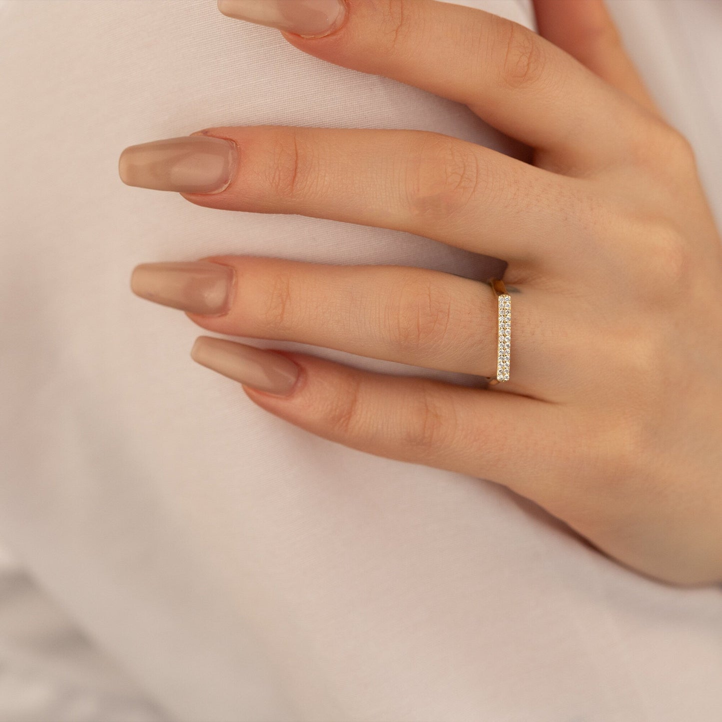 925 Sterling Silver Minimalist Flat Top Diamond Pave Bar Ring