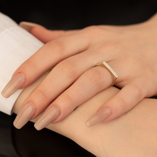 925 Sterling Silver Minimalist Flat Top Diamond Pave Bar Ring