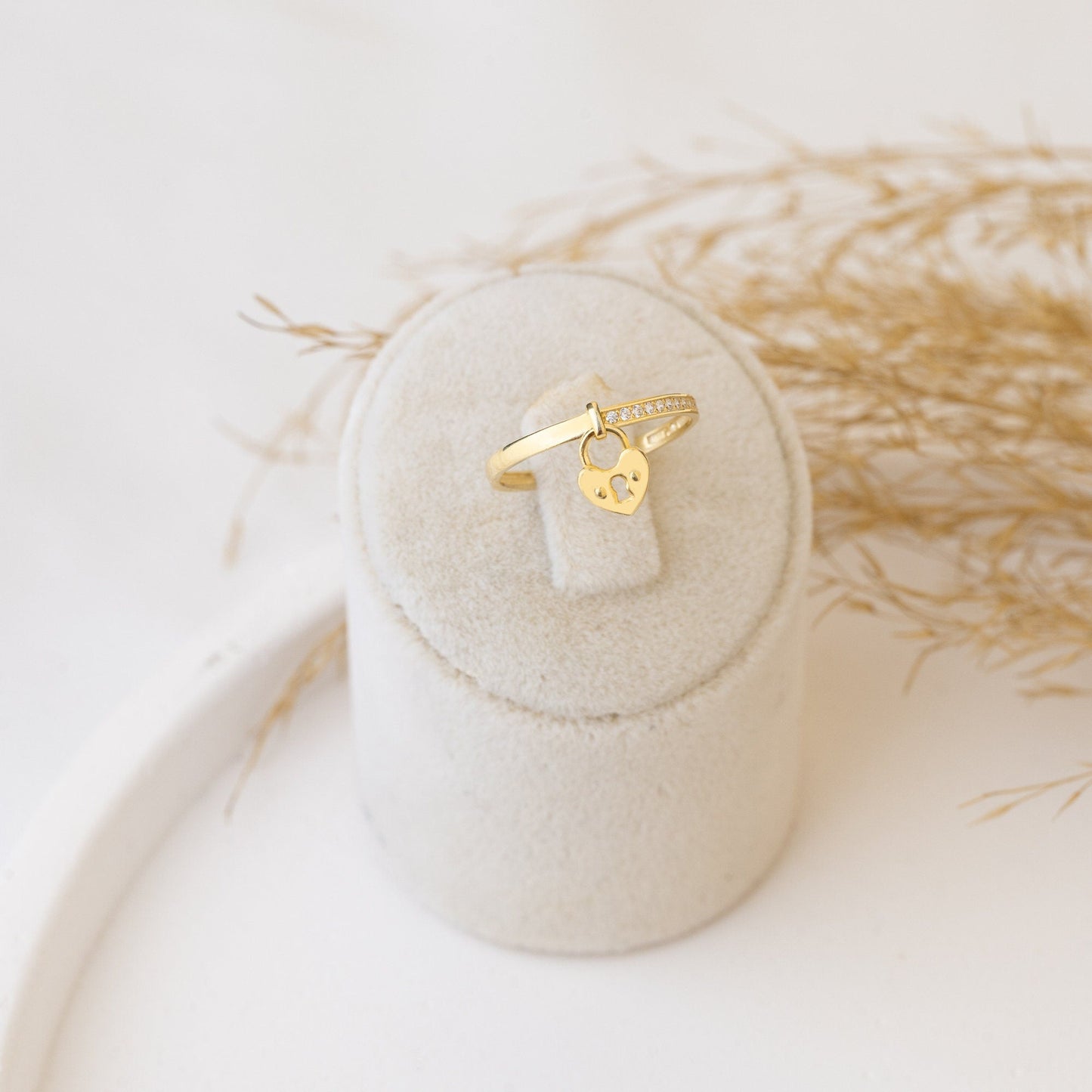 925 Sterling Silver Half Pave Dangling Heart Lock Ring