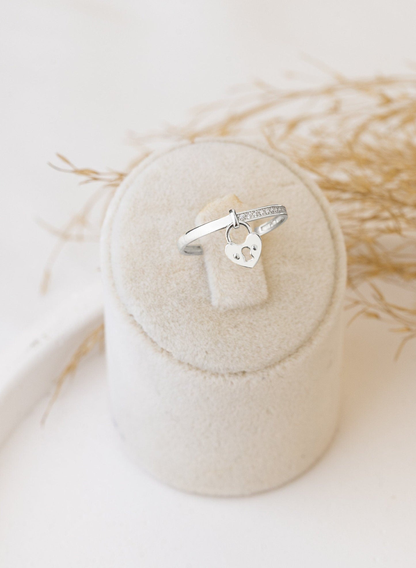 925 Sterling Silver Half Pave Dangling Heart Lock Ring