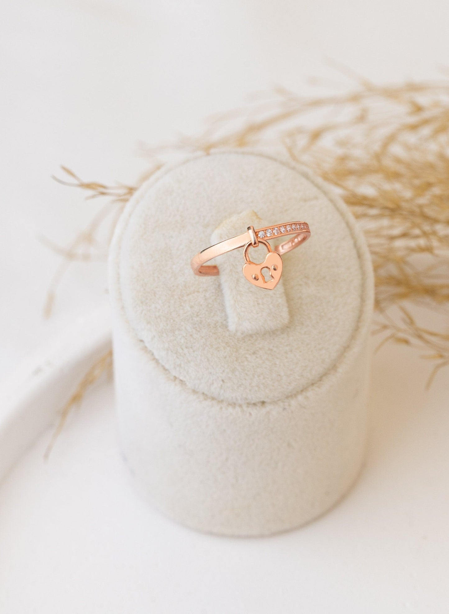 925 Sterling Silver Half Pave Dangling Heart Lock Ring