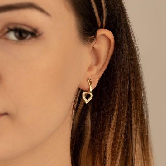 925 Sterling Silver Dangle Diamond Pave Heart Hoop Earrings