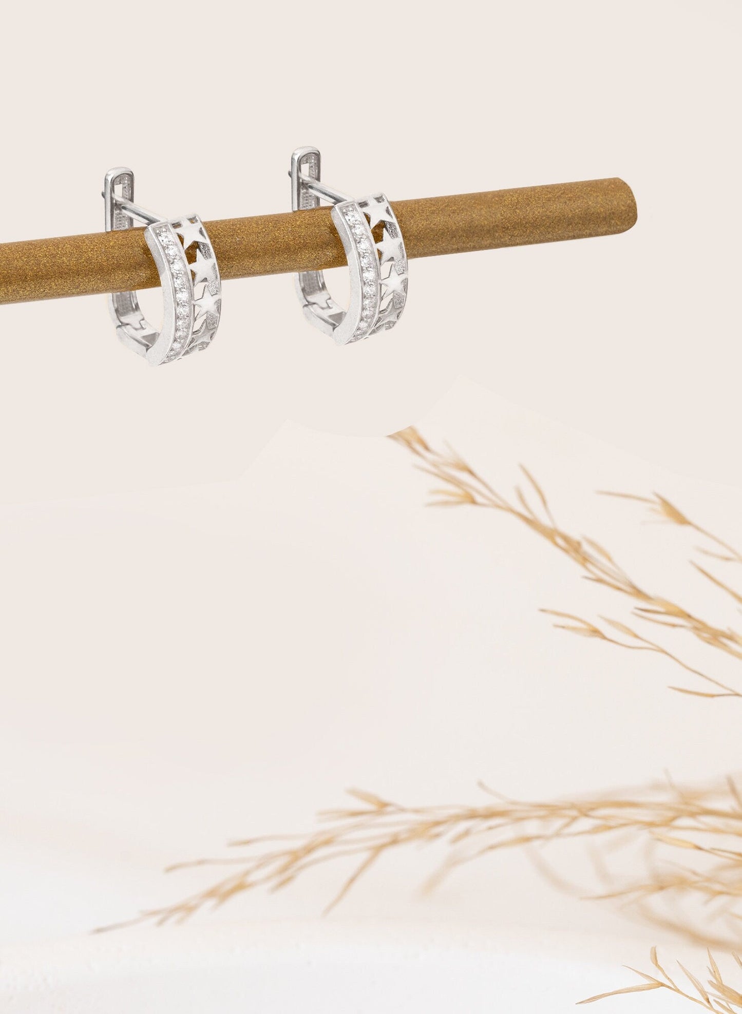 925 Sterling Silver Half Diamond Pave Half Stars Hoop Earrings