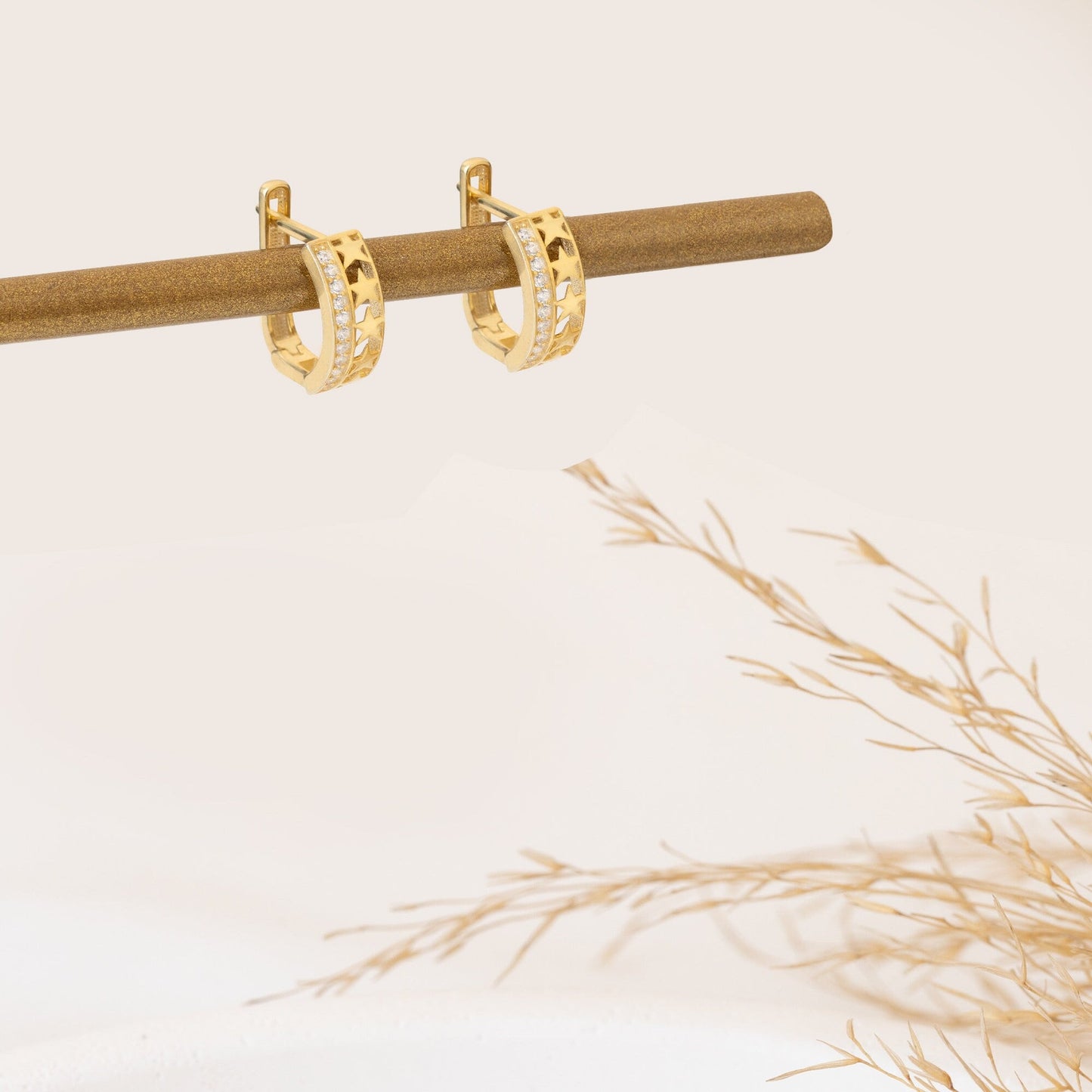 925 Sterling Silver Half Diamond Pave Half Stars Hoop Earrings