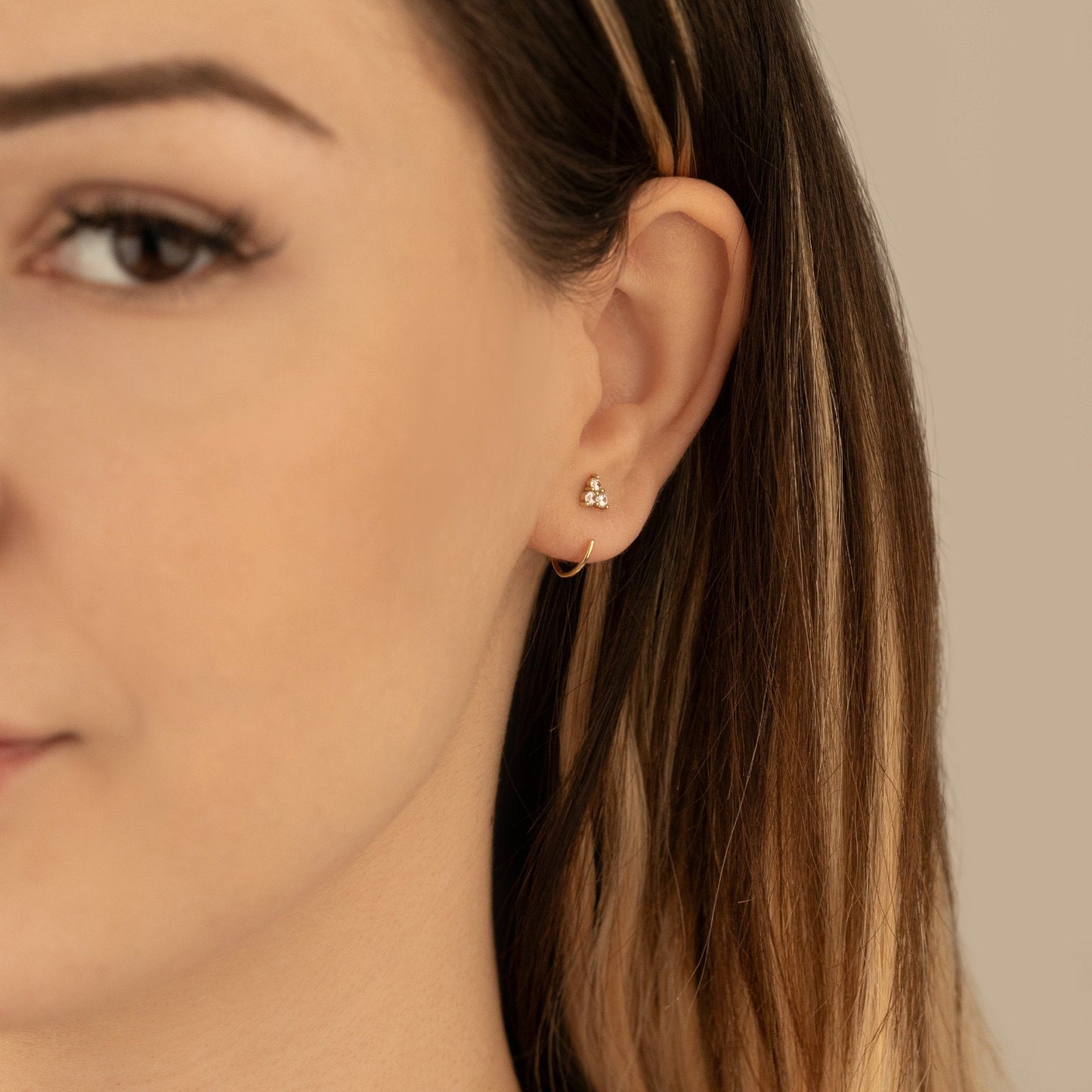 925 Sterling Silver Pave Three Leaf C Hoop Earrings