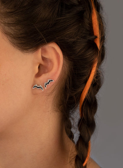 925 Sterling Silver Enamel Black Bat Earring - Halloween Gift