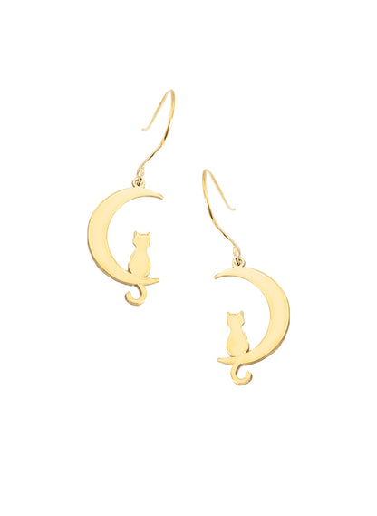 925 Sterling Silver Cat Moon Dangle & Drop Earrings
