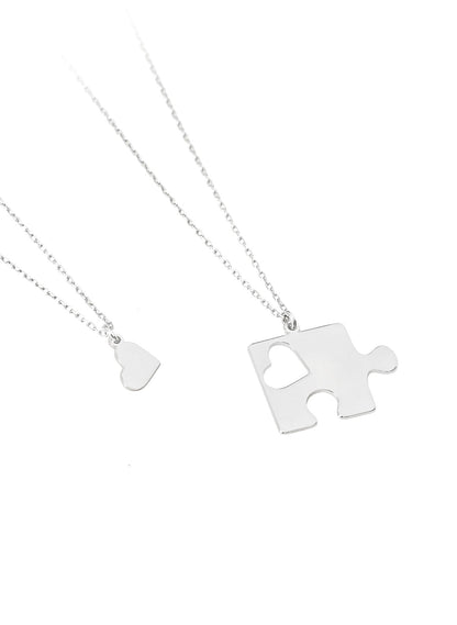 925 Sterling Silver Couple Puzzle and Heart Necklace