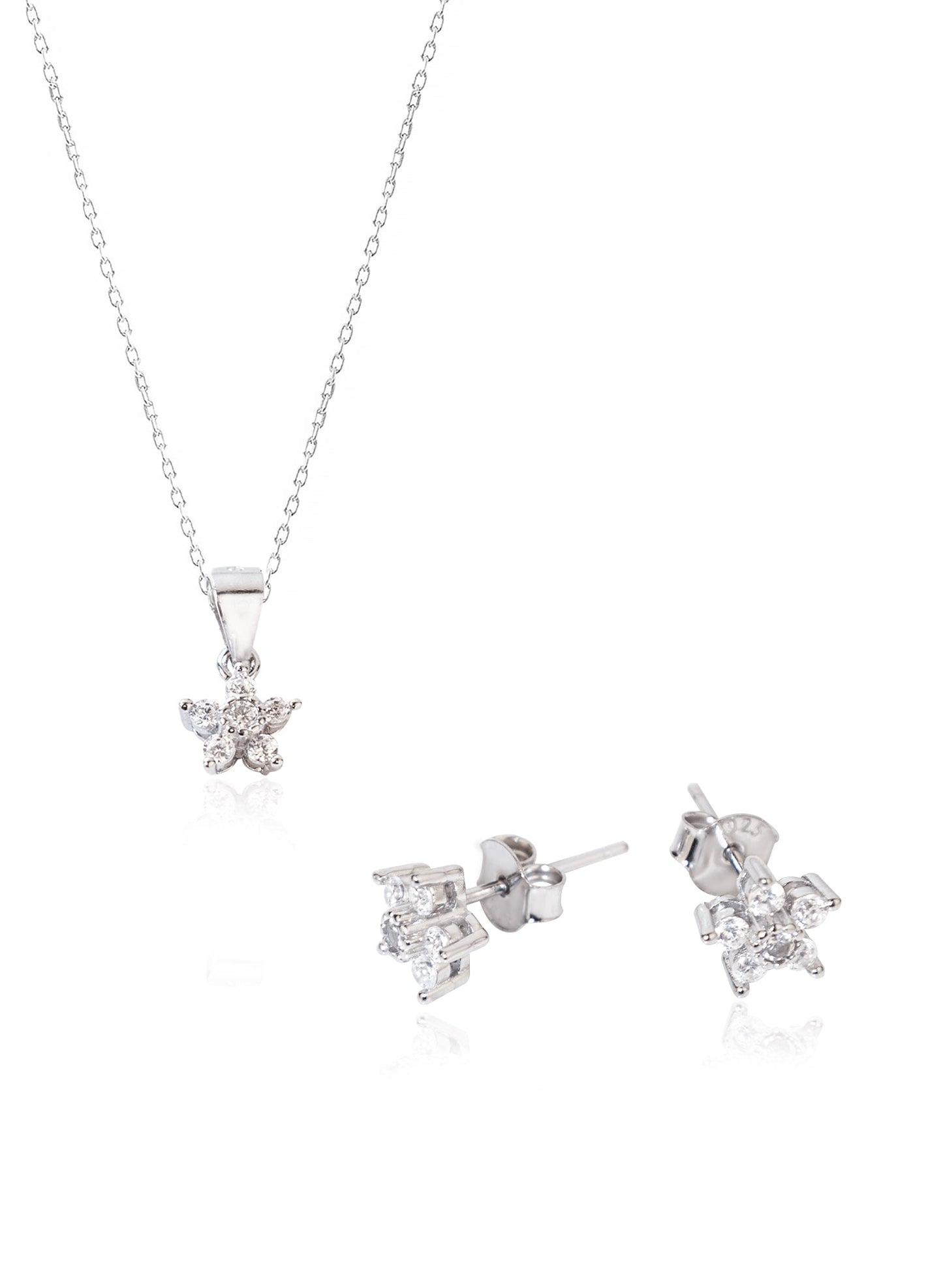 925 Sterling Silver Flower Diamond Shape Set 2 Pieces: Necklace & Earrings