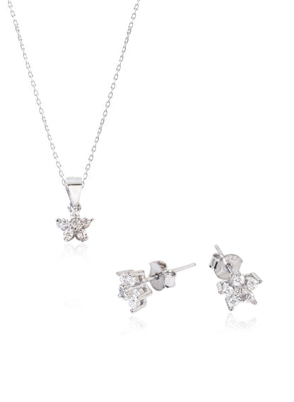 925 Sterling Silver Flower Diamond Shape Set 2 Pieces: Necklace & Earrings