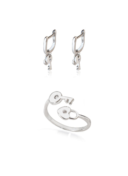 925 Sterling Silver Keyed Heart Locked Shape Set 2 Pieces: Ring & Earrings