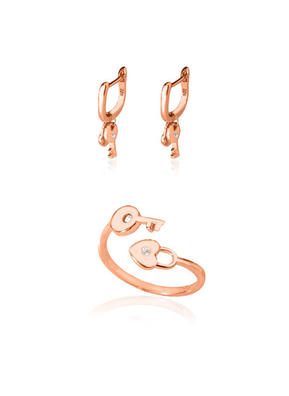 925 Sterling Silver Keyed Heart Locked Shape Set 2 Pieces: Ring & Earrings